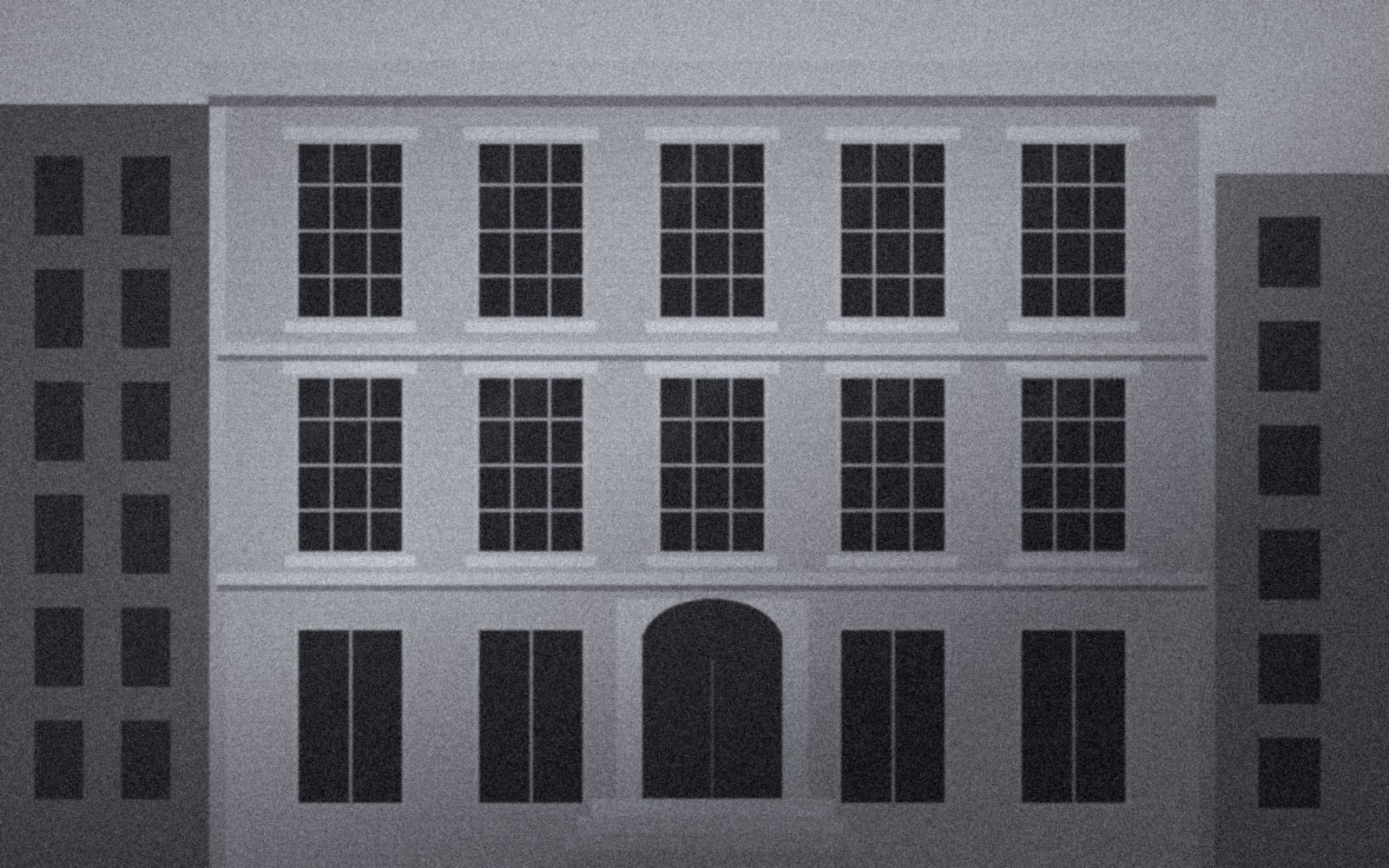 Grainy black-and-white film frame of a townhouse facade with tall windows in soft morning light